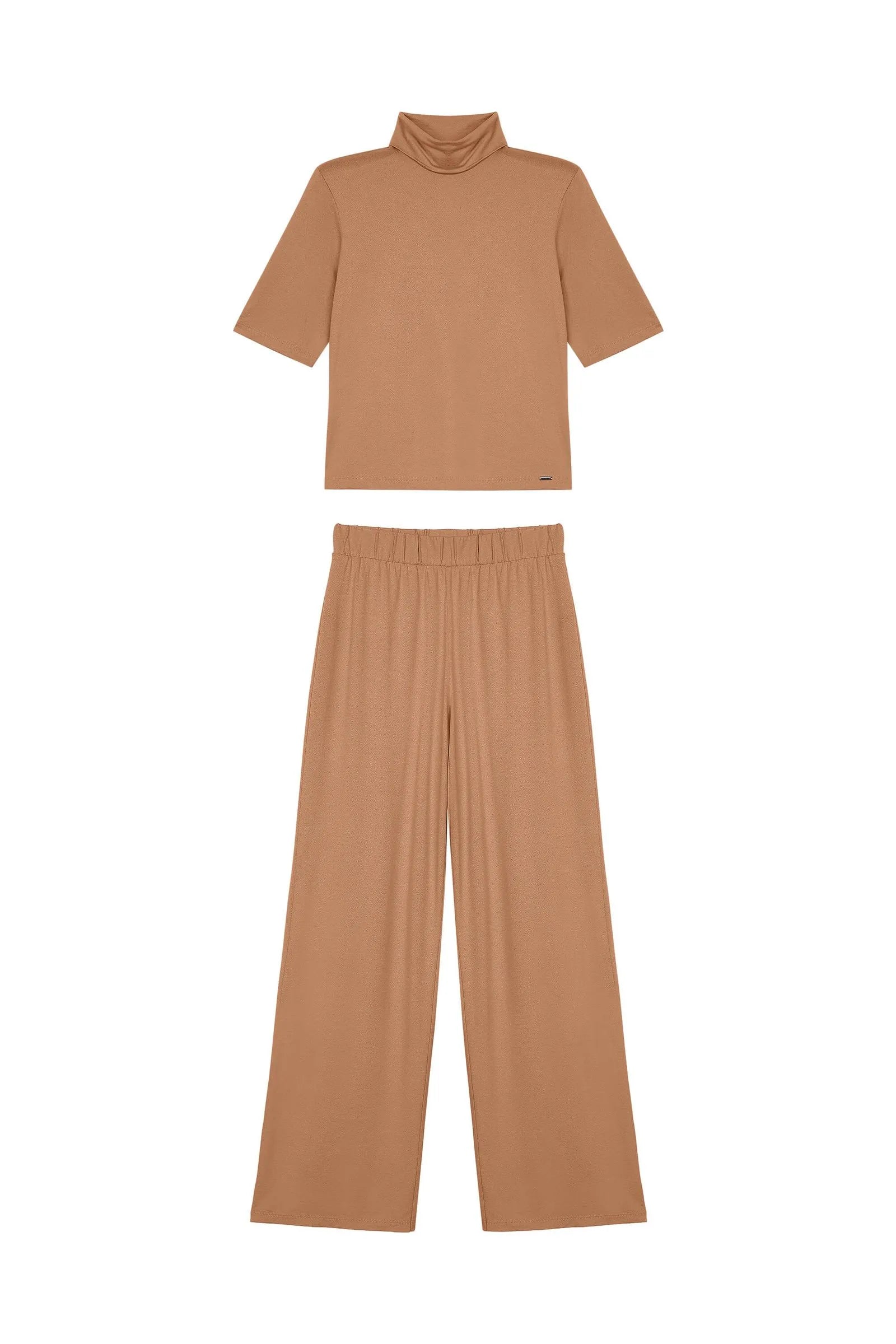 CONJ FEM BL GOLA ALTA E CALCA CREPE VISC KHAKI