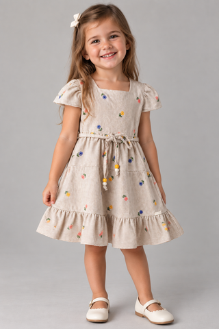 VESTIDO RODADO TRICOLINE BORDADA E FLOR AMARELO MEDIO