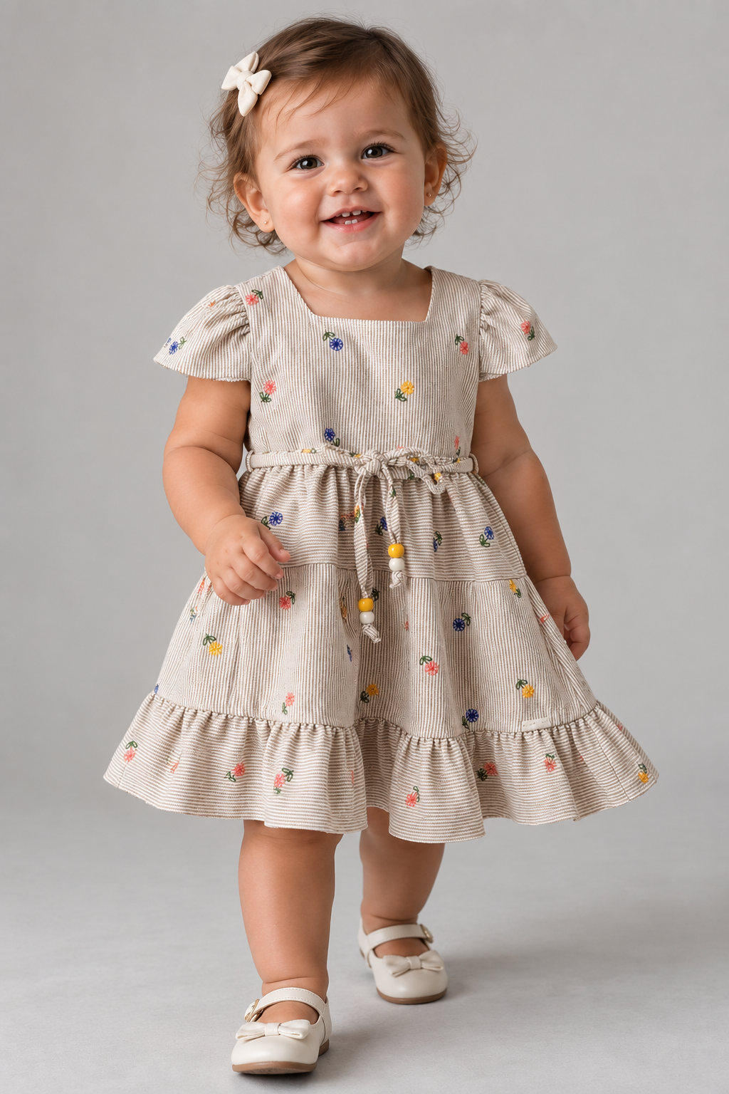 VESTIDO RODADO TRICOLINE BORDADA E FLOR AMARELO MEDIO