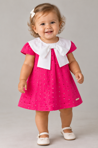 VESTIDO DE LAISE PREGAS E MAX GOLA BORD ROSA PINK