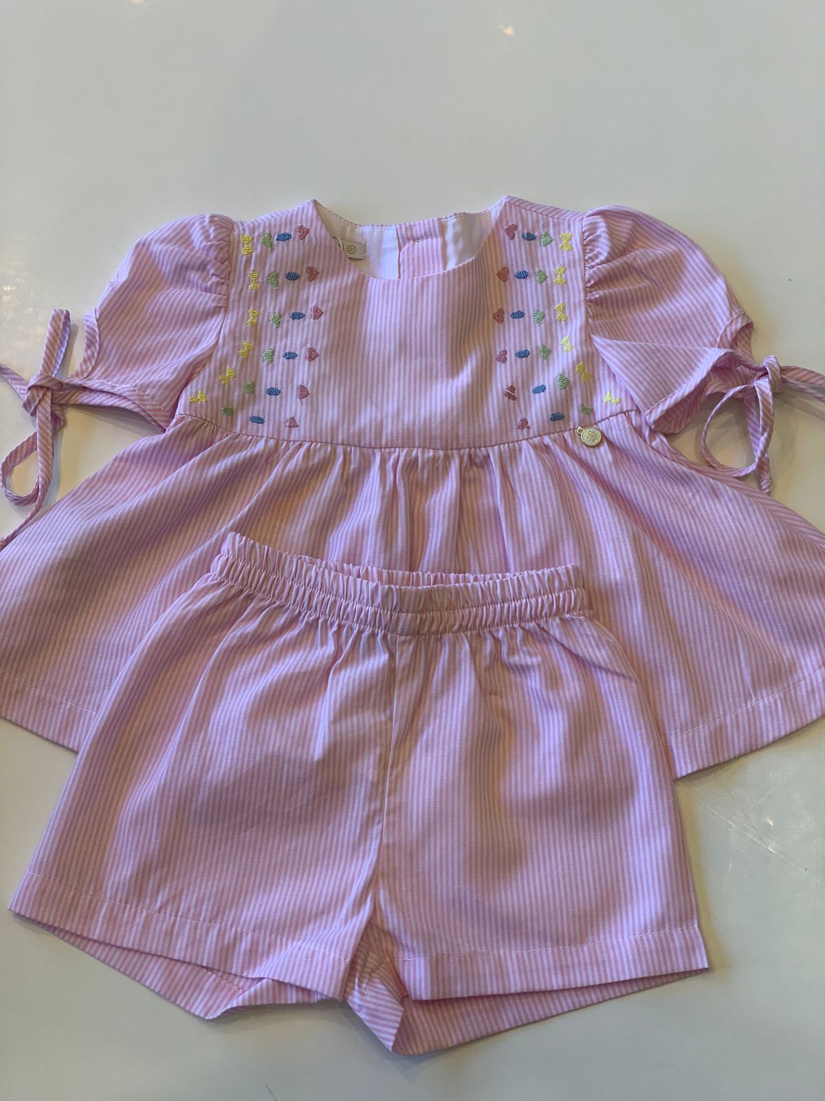 CONJ FEM BATA BORD E SHORT TRICOL LIST ROSA CLARO