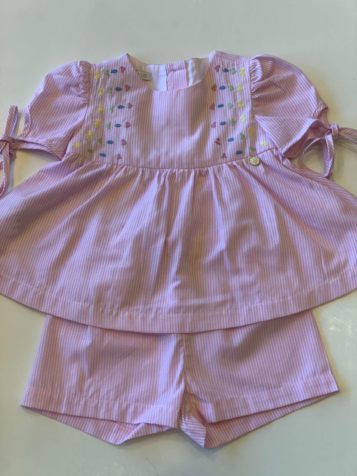 CONJ FEM BATA BORD E SHORT TRICOL LIST ROSA CLARO