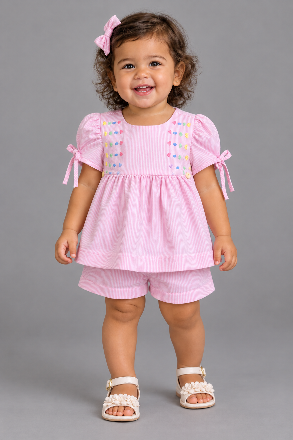 CONJ FEM BATA BORD E SHORT TRICOL LIST ROSA CLARO