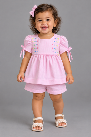CONJ FEM BATA BORD E SHORT TRICOL LIST ROSA CLARO