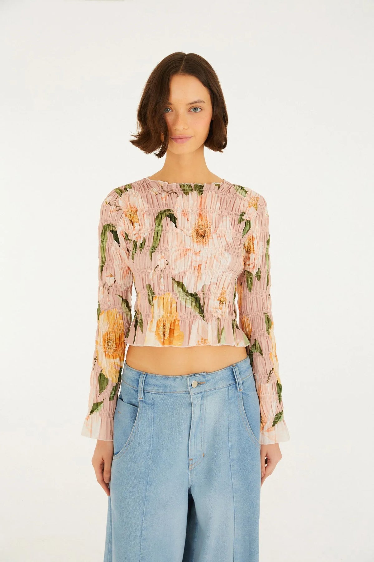 BLUSA FEM ML LASTEX FLORAL LOLA FARM ROSA