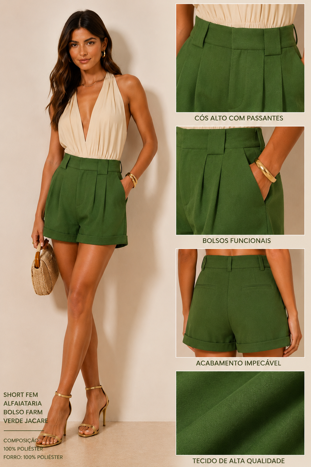 SHORT FEM ALFAIATARIA BOLSO FARM VERDE JACARE
