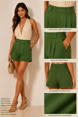 SHORT FEM ALFAIATARIA BOLSO FARM VERDE JACARE
