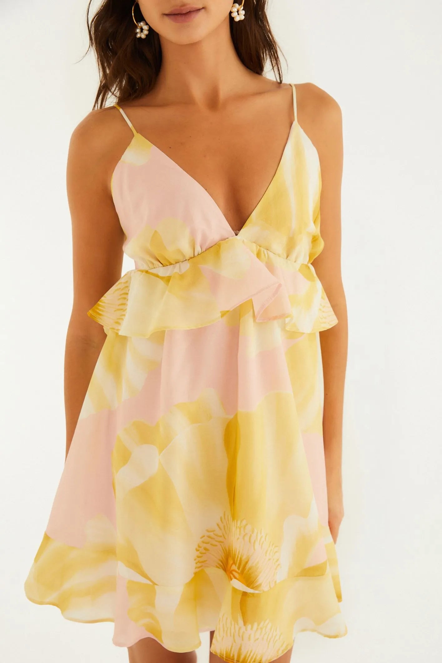VESTIDO CURTO FESTA DE PAPOULA FARM AMARELO/ROSA