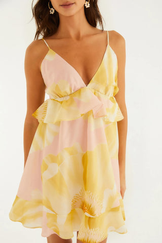 VESTIDO CURTO FESTA DE PAPOULA FARM AMARELO/ROSA