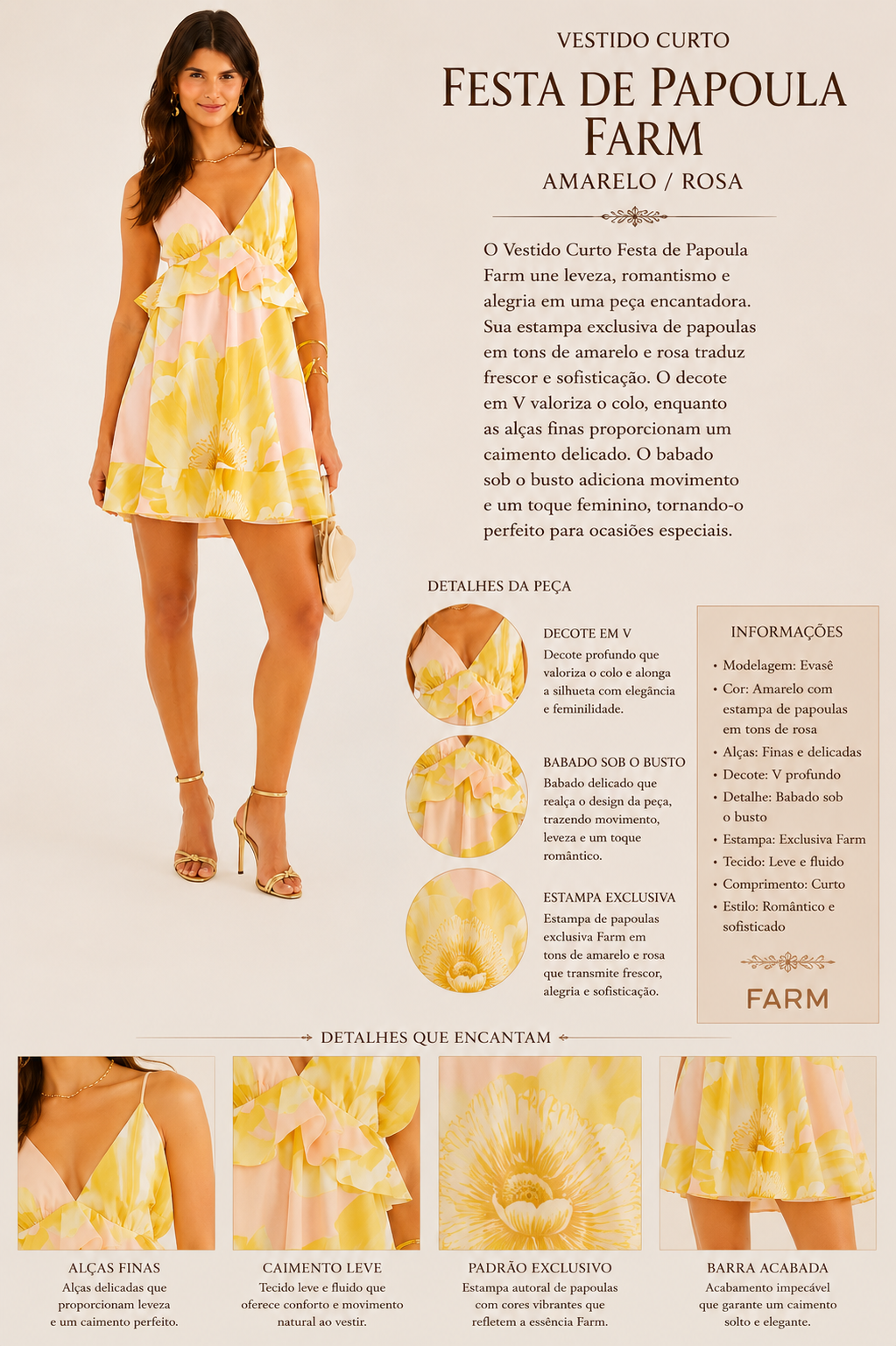 VESTIDO CURTO FESTA DE PAPOULA FARM AMARELO/ROSA