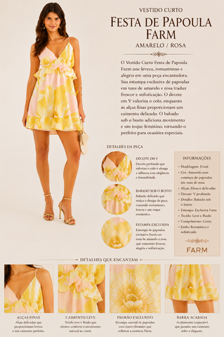 VESTIDO CURTO FESTA DE PAPOULA FARM AMARELO/ROSA