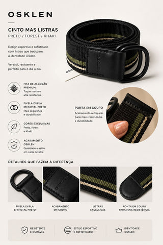 CINTO MAS LISTRAS OSKLEN PRETO/FOREST/KHAKI