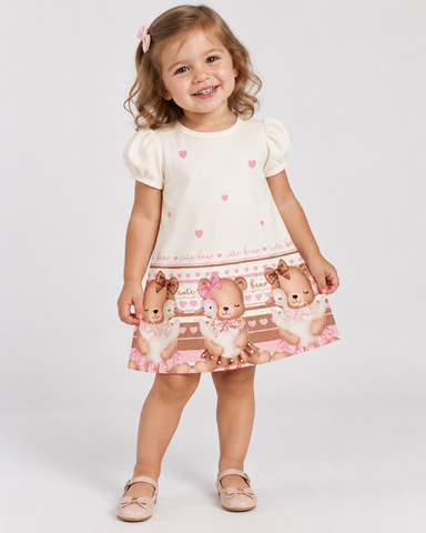 VESTIDO MC EST URSOS DET STRASS BARRA BRANCO/ROSA CLARO