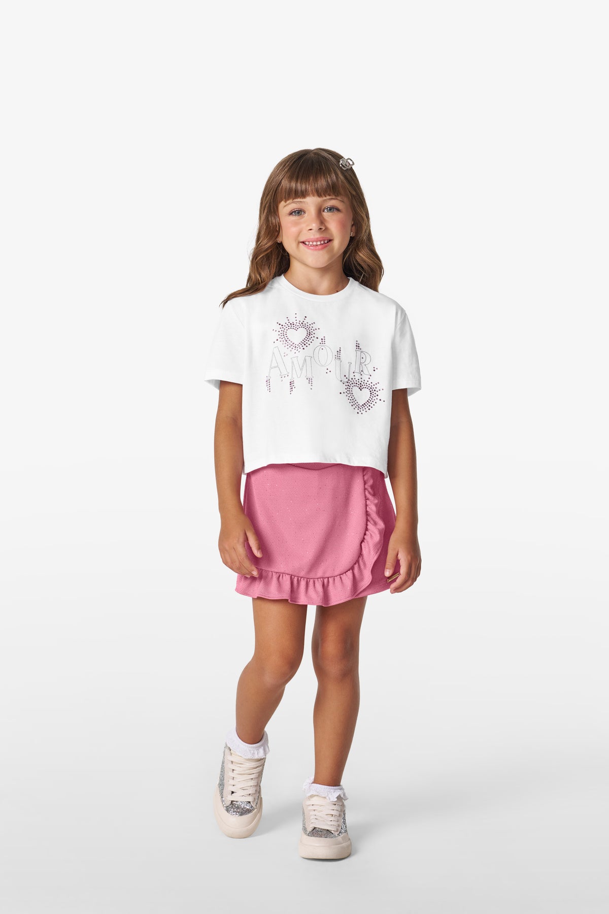 CONJ FEM BL AMOUR STRASS SHORT SAIA BRIL BRANCO/ROSA CLARO