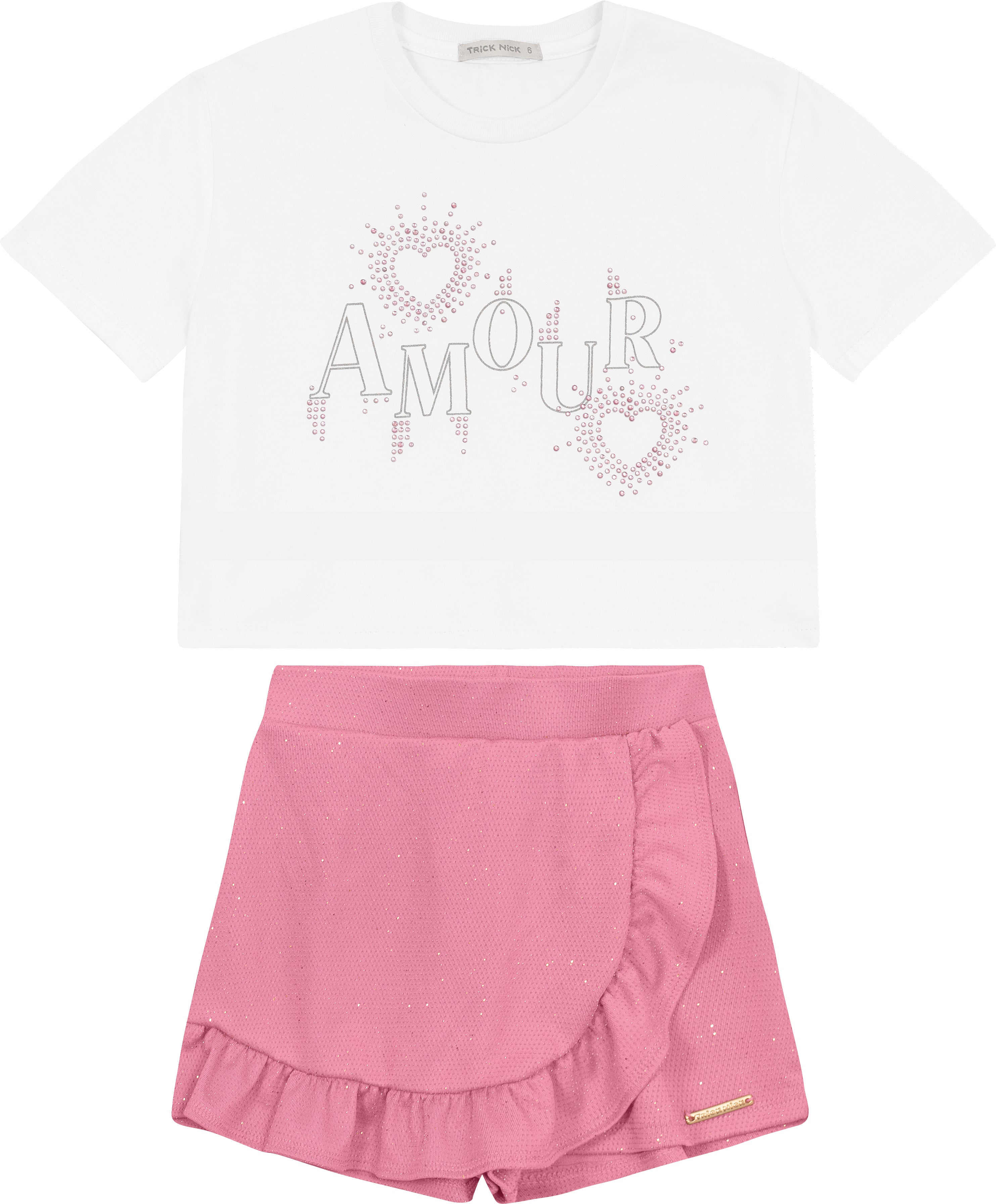 CONJ FEM BL AMOUR STRASS SHORT SAIA BRIL BRANCO/ROSA CLARO