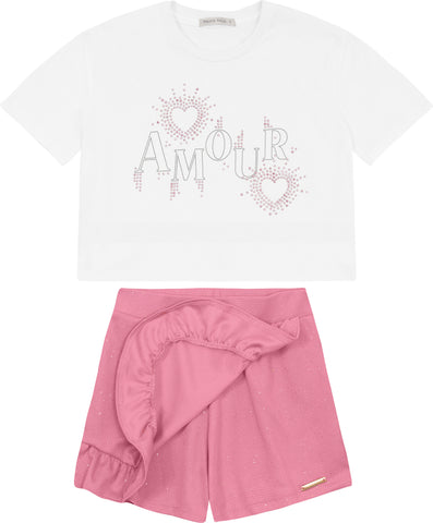 CONJ FEM BL AMOUR STRASS SHORT SAIA BRIL BRANCO/ROSA CLARO