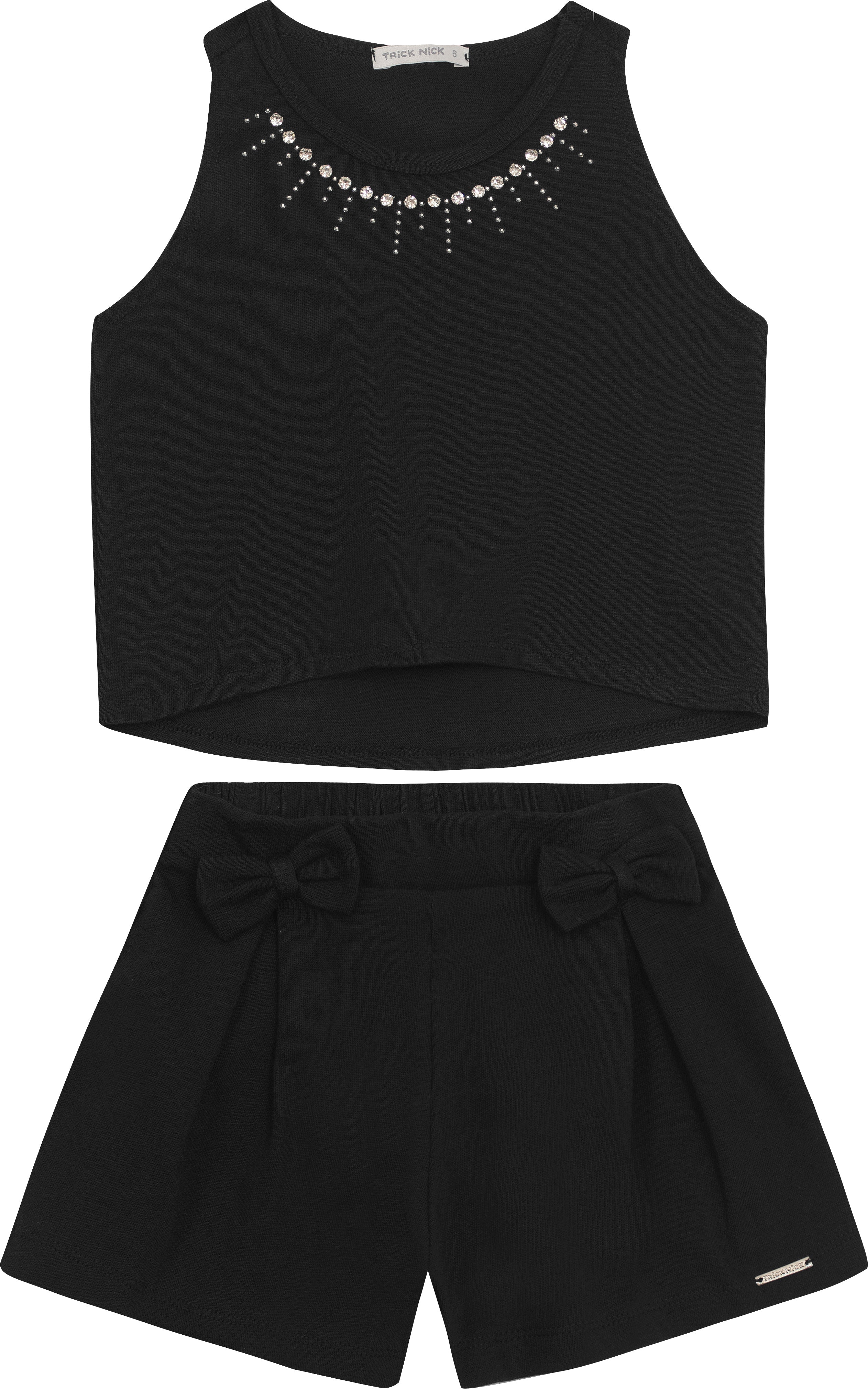 CONJ FEM REG C DET STRASS E SHORT MALHAO PRETO