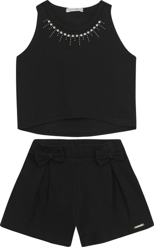 CONJ FEM REG C DET STRASS E SHORT MALHAO PRETO