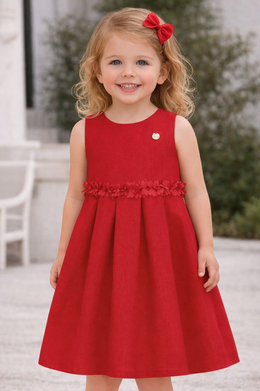 VESTIDO JACQUARD MAQUINETADO ROSAS CINT VERMELHO