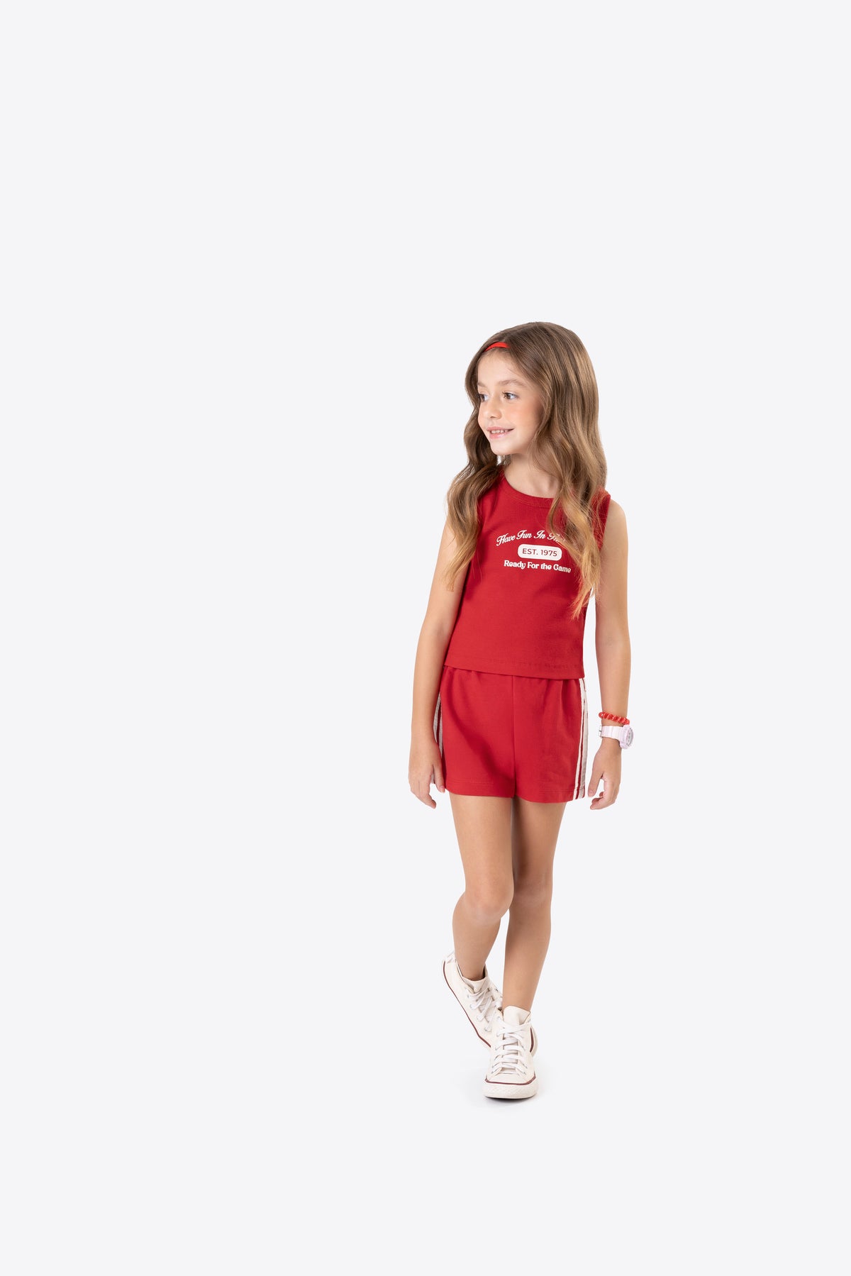 CONJ FEM REG RIB EST 1975 GAME SHORT MLT VERMELHO