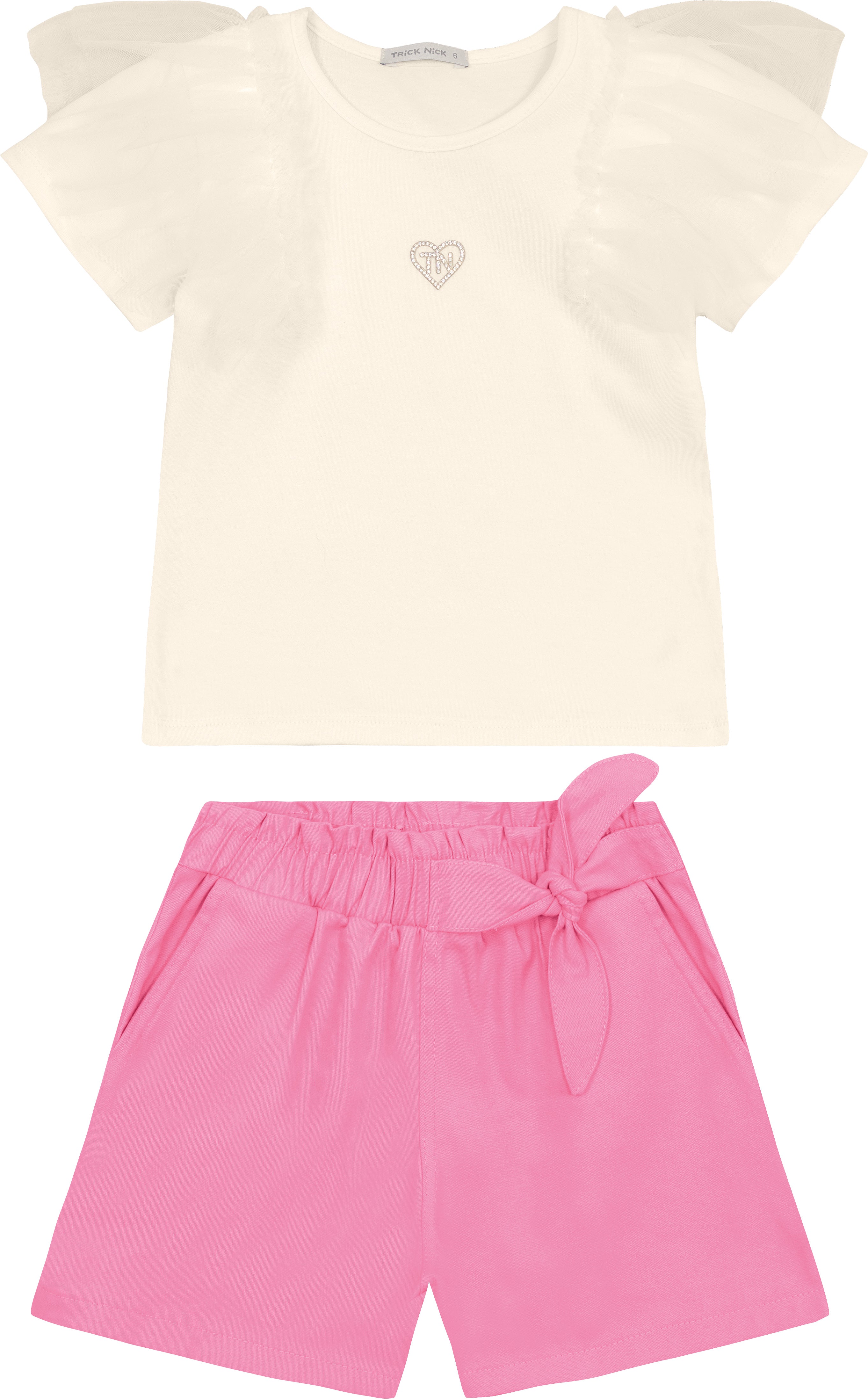 CONJ FEM BL MG TULE E STRASS SHORT SARJA OFF WHITE/ROSA