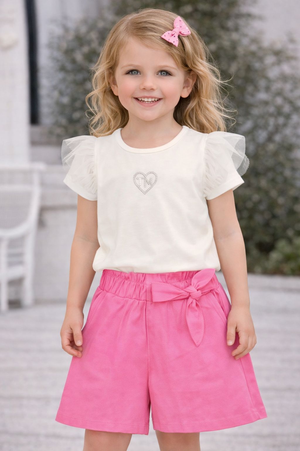 CONJ FEM BL MG TULE E STRASS SHORT SARJA OFF WHITE/ROSA
