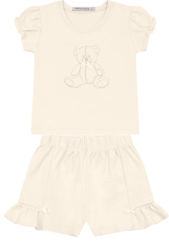 CONJ FEM BL URSO BORD SHORT BAB SUEDINE OFF WHITE