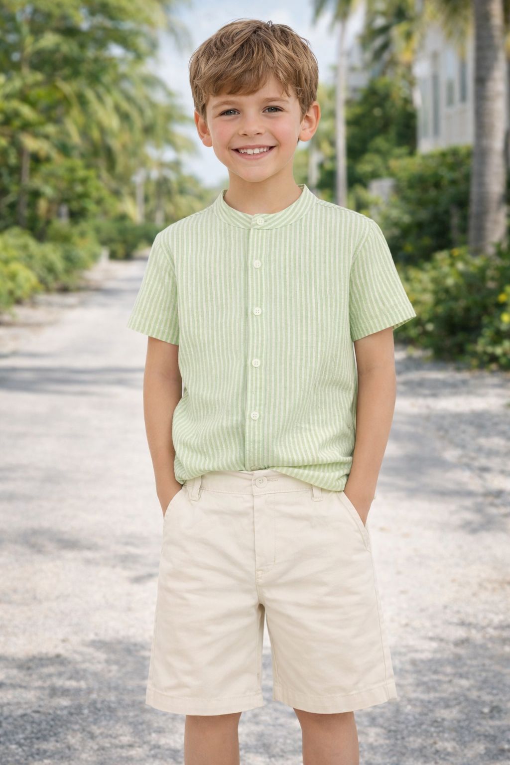 CONJ MAS CAMISA MC LIST GL PAD BER SARJA PISTACHE/OFF WHITE