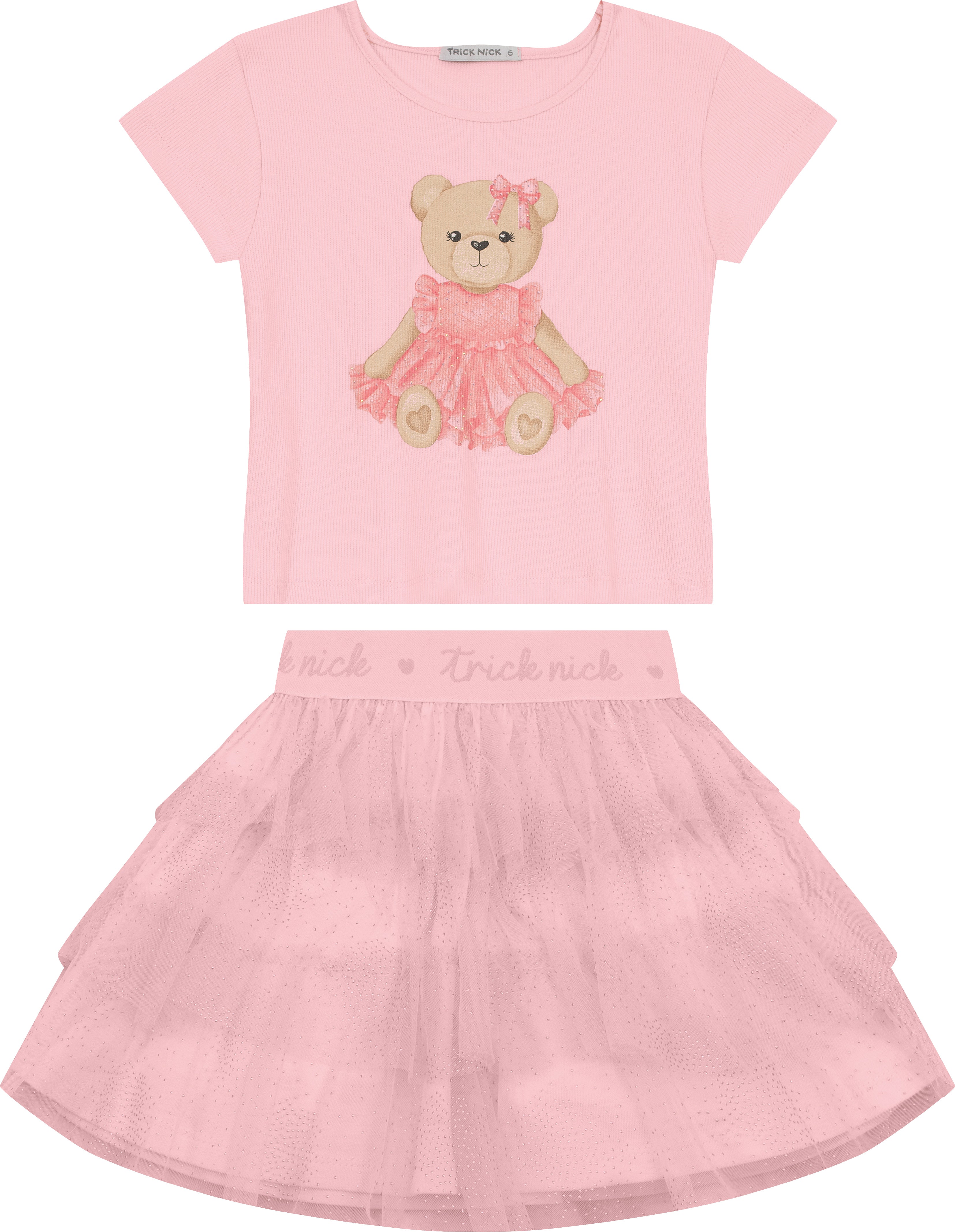 CONJ FEM BL RIB URSA STRASS E SAIA TULE ROSA CLARO