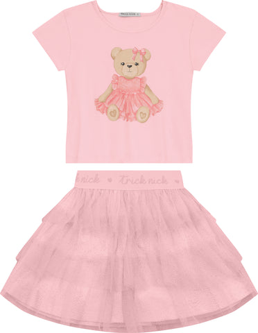 CONJ FEM BL RIB URSA STRASS E SAIA TULE ROSA CLARO