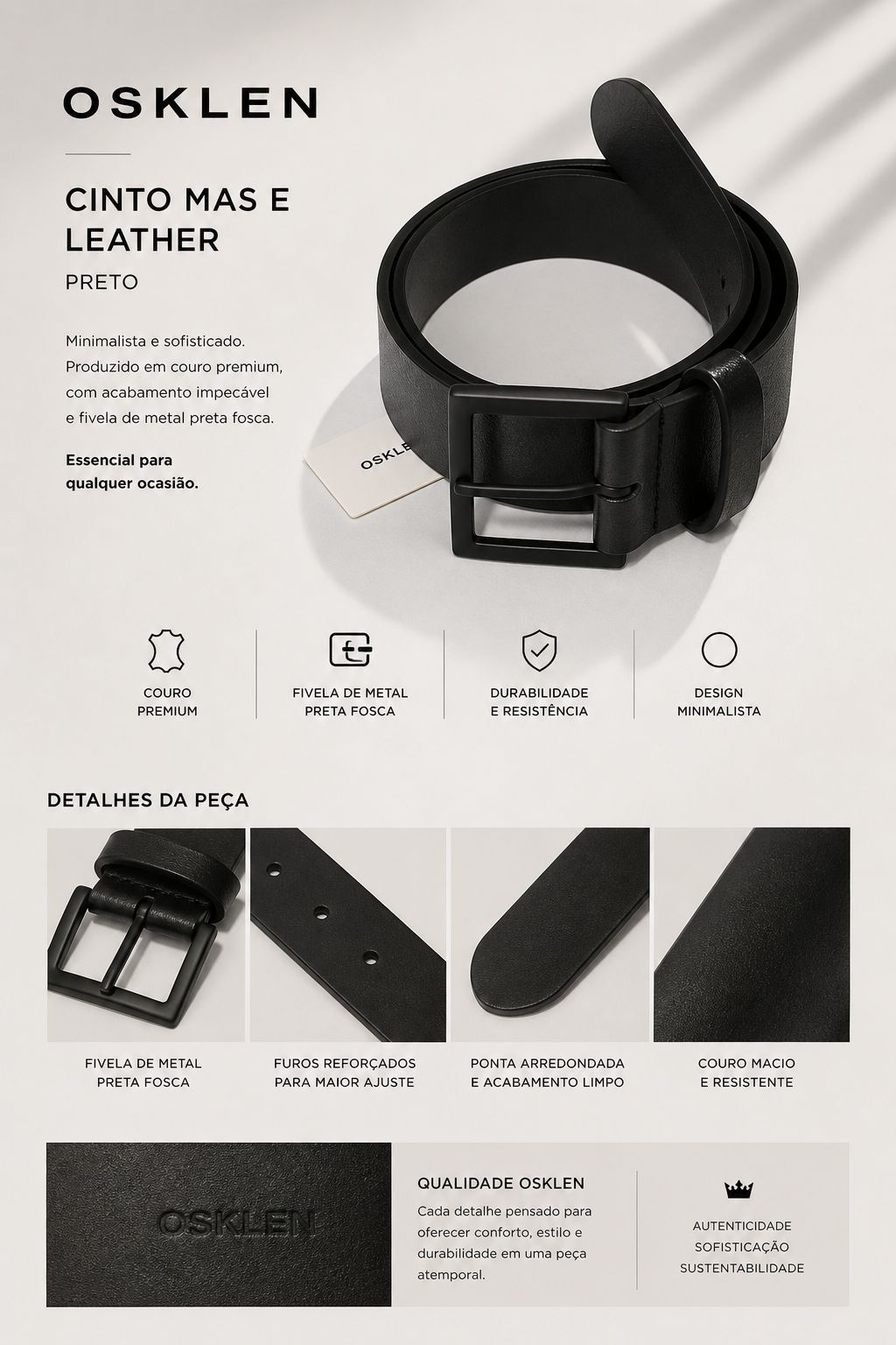 CINTO MAS E LEATHER OSKLEN PRETO