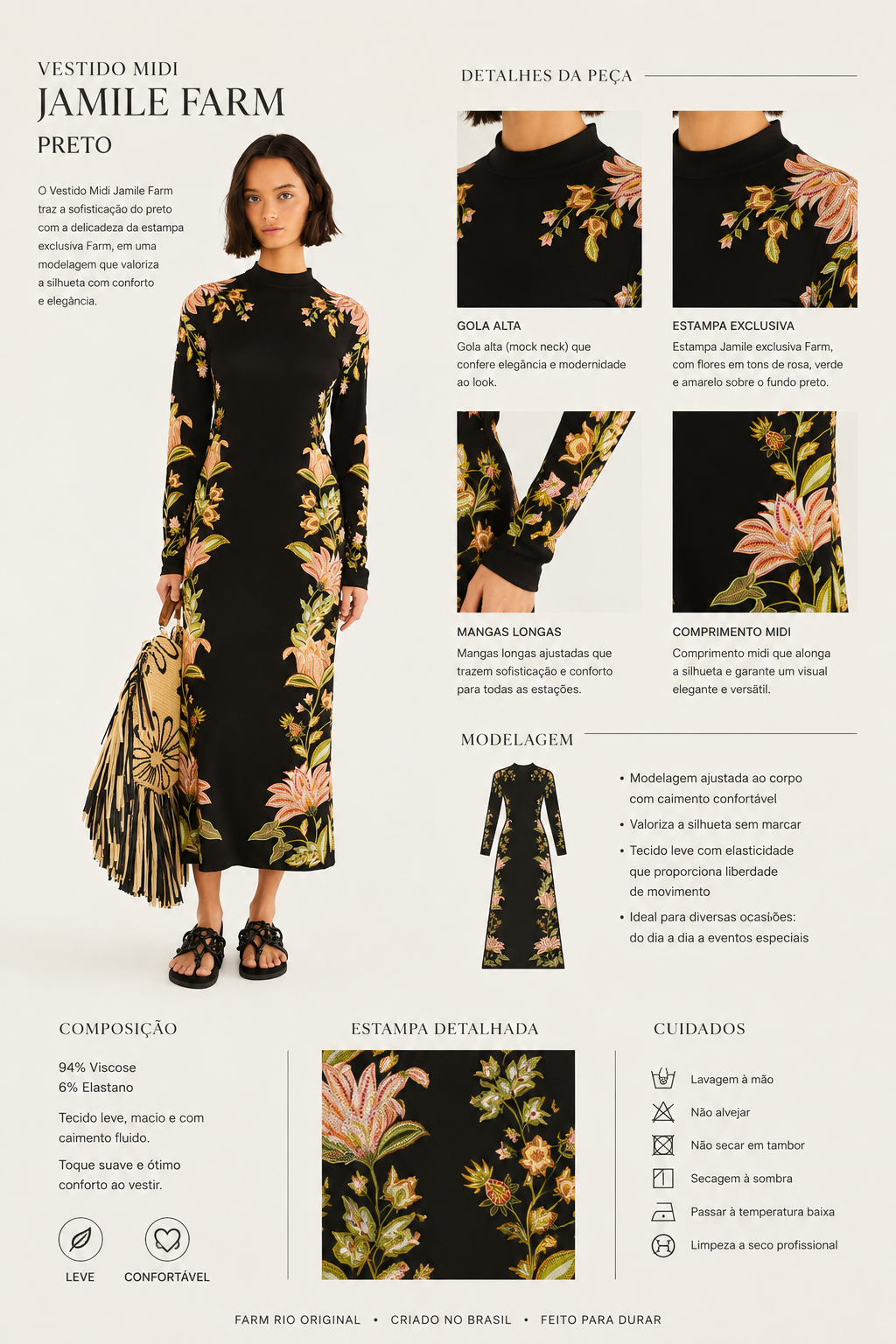 VESTIDO MIDI JAMILE FARM PRETO