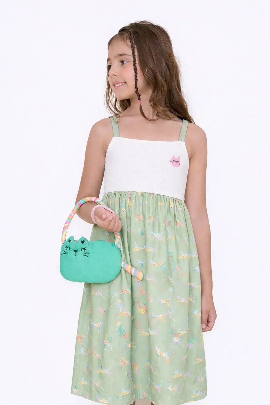VESTIDO ENTRE CORES TRICO E GATO BUSTO VERDE/OFF WHITE