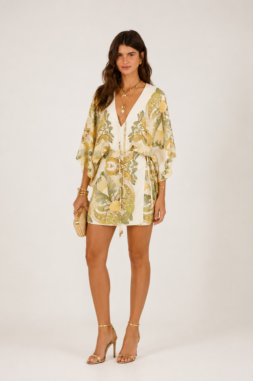 VESTIDO CURTO JARDIM DE MAR LENCO FARM BEGE