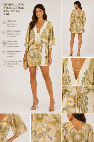 VESTIDO CURTO JARDIM DE MAR LENCO FARM BEGE