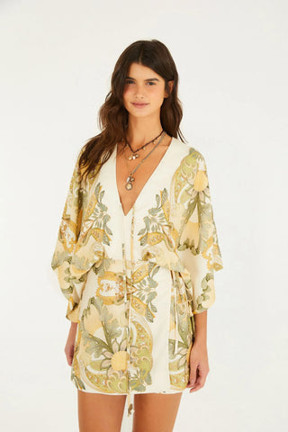 VESTIDO CURTO JARDIM DE MAR LENCO FARM BEGE