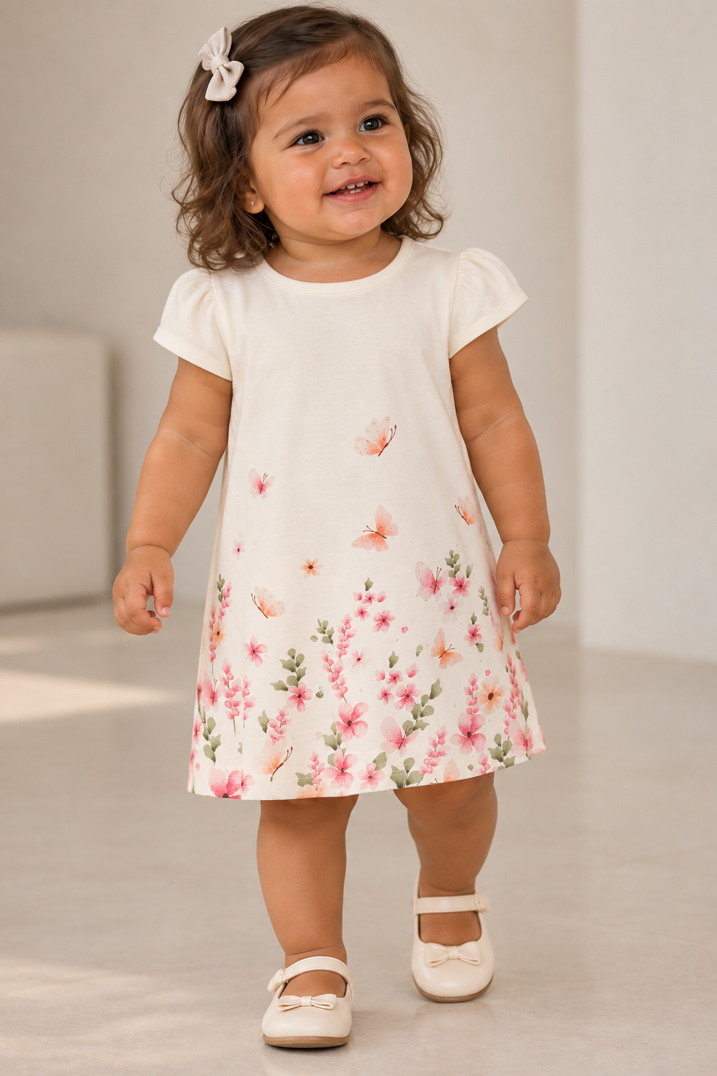VESTIDO EST FLORES E BORBOLETAS STRASS OFF WHITE