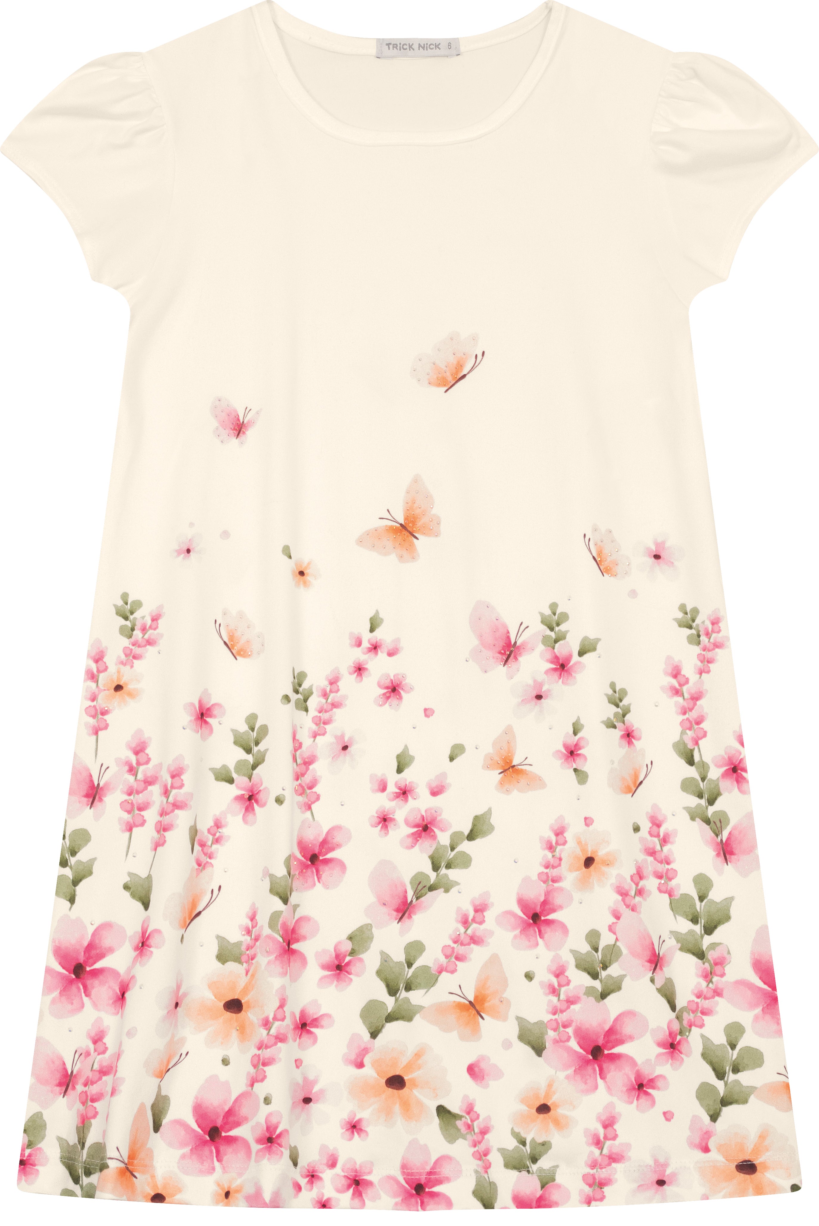 VESTIDO EST FLORES E BORBOLETAS STRASS OFF WHITE
