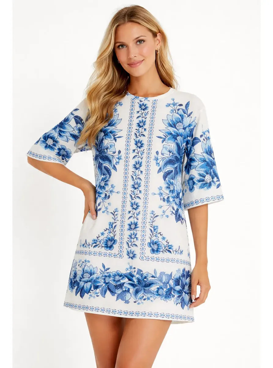 VESTIDO TSHIRT BIG FRUTA DE VERAO FARM BRANCO/AZUL