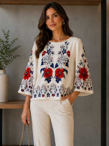 TSHIRT CROPPED FEM FLORAL LINA FARM BEGE