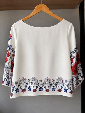 TSHIRT CROPPED FEM FLORAL LINA FARM BEGE