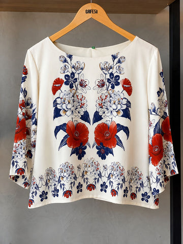 TSHIRT CROPPED FEM FLORAL LINA FARM BEGE