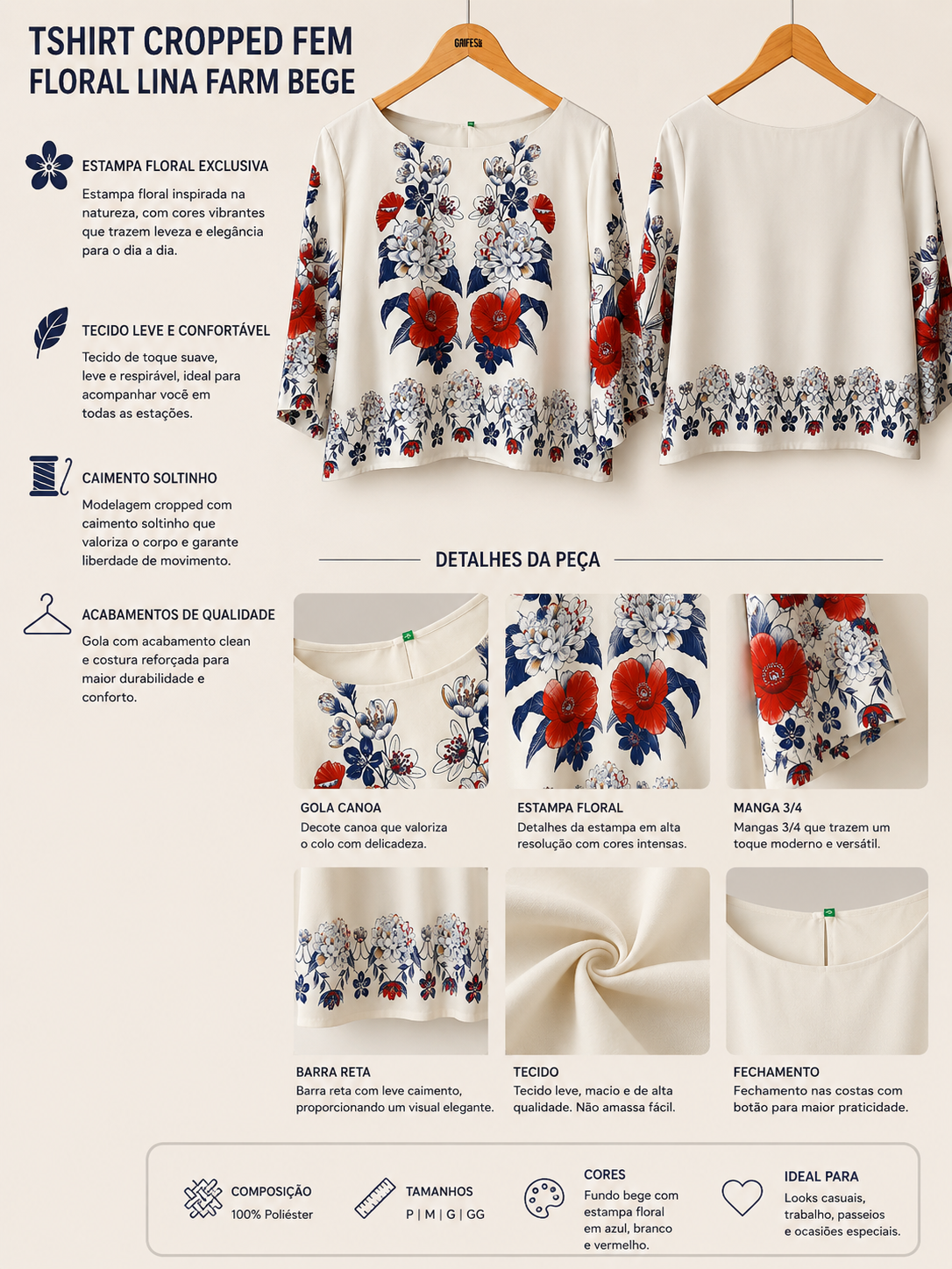 TSHIRT CROPPED FEM FLORAL LINA FARM BEGE