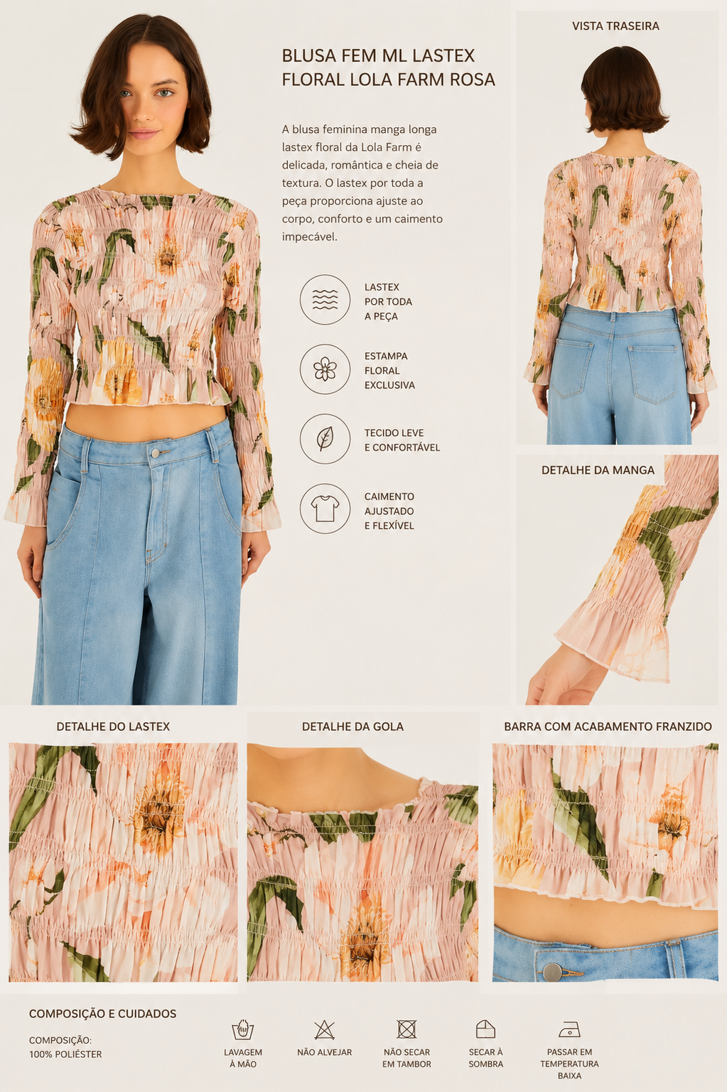 BLUSA FEM ML LASTEX FLORAL LOLA FARM ROSA