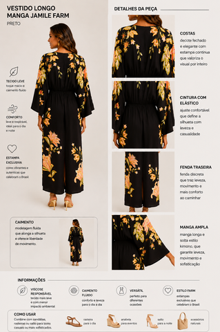 VESTIDO LONGO MANGA JAMILE FARM PRETO