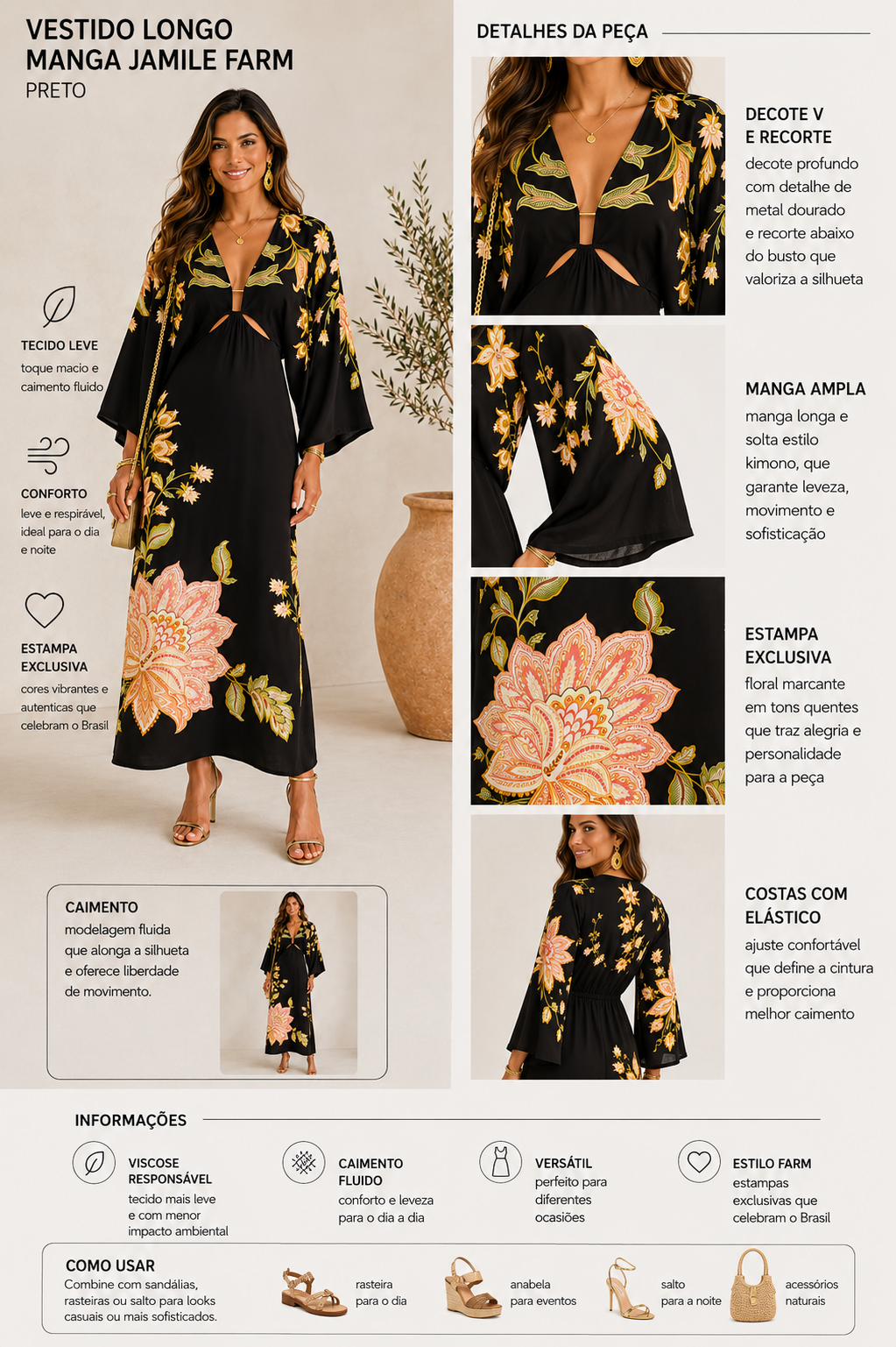 VESTIDO LONGO MANGA JAMILE FARM PRETO