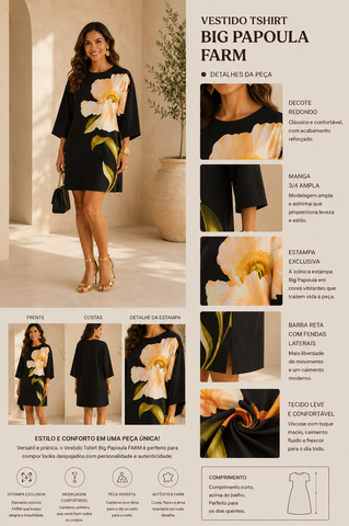 VESTIDO TSHIRT BIG PAPOULA FARM PRETO