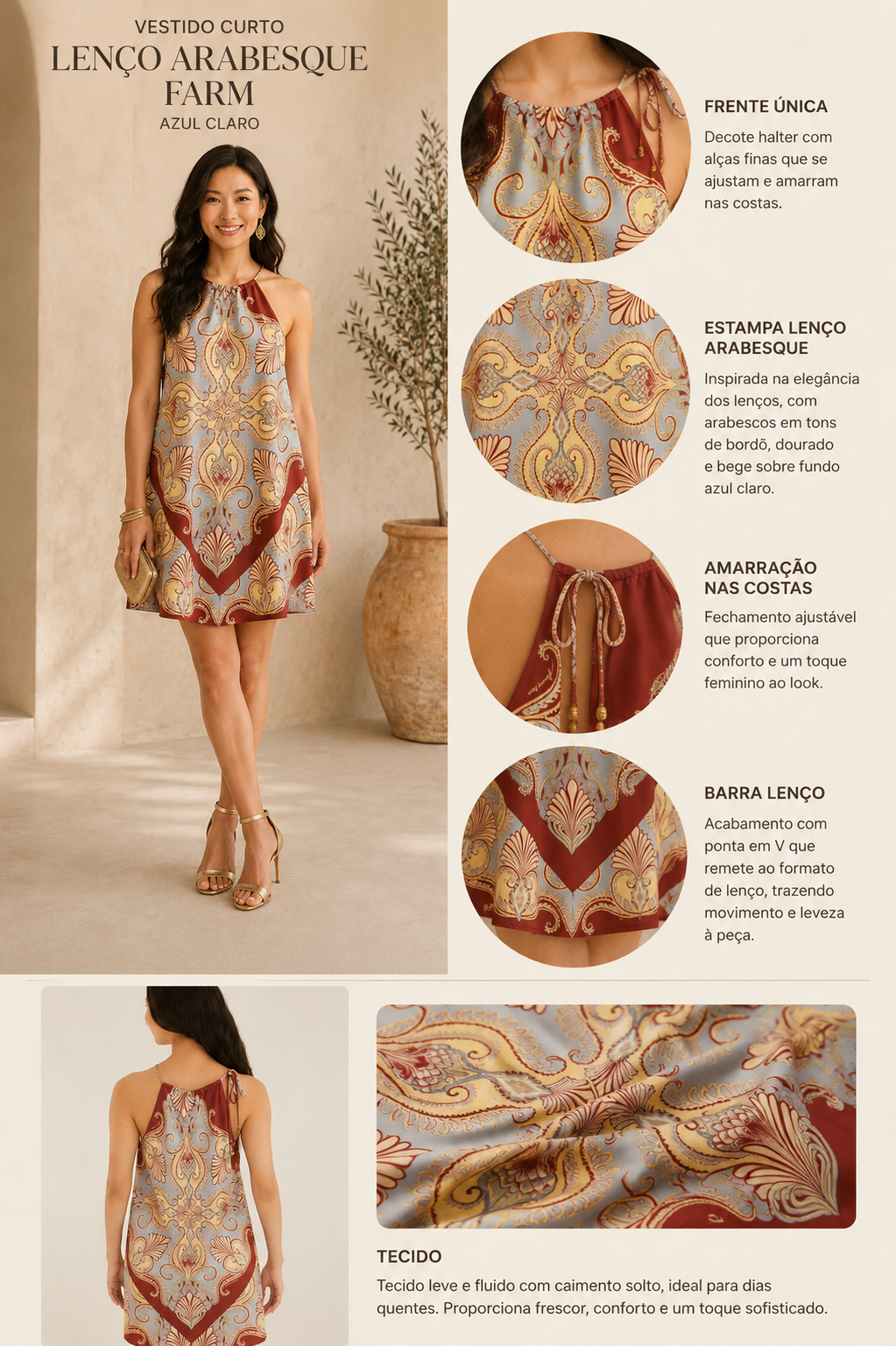 VESTIDO CURTO LENCO ARABESQUE FARM AZUL CLARO