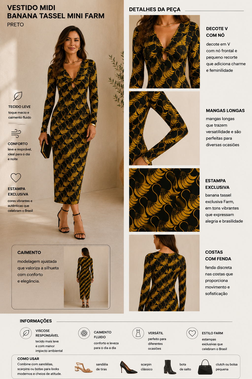 VESTIDO MIDI BANANA TASSEL MINI FARM PRETO