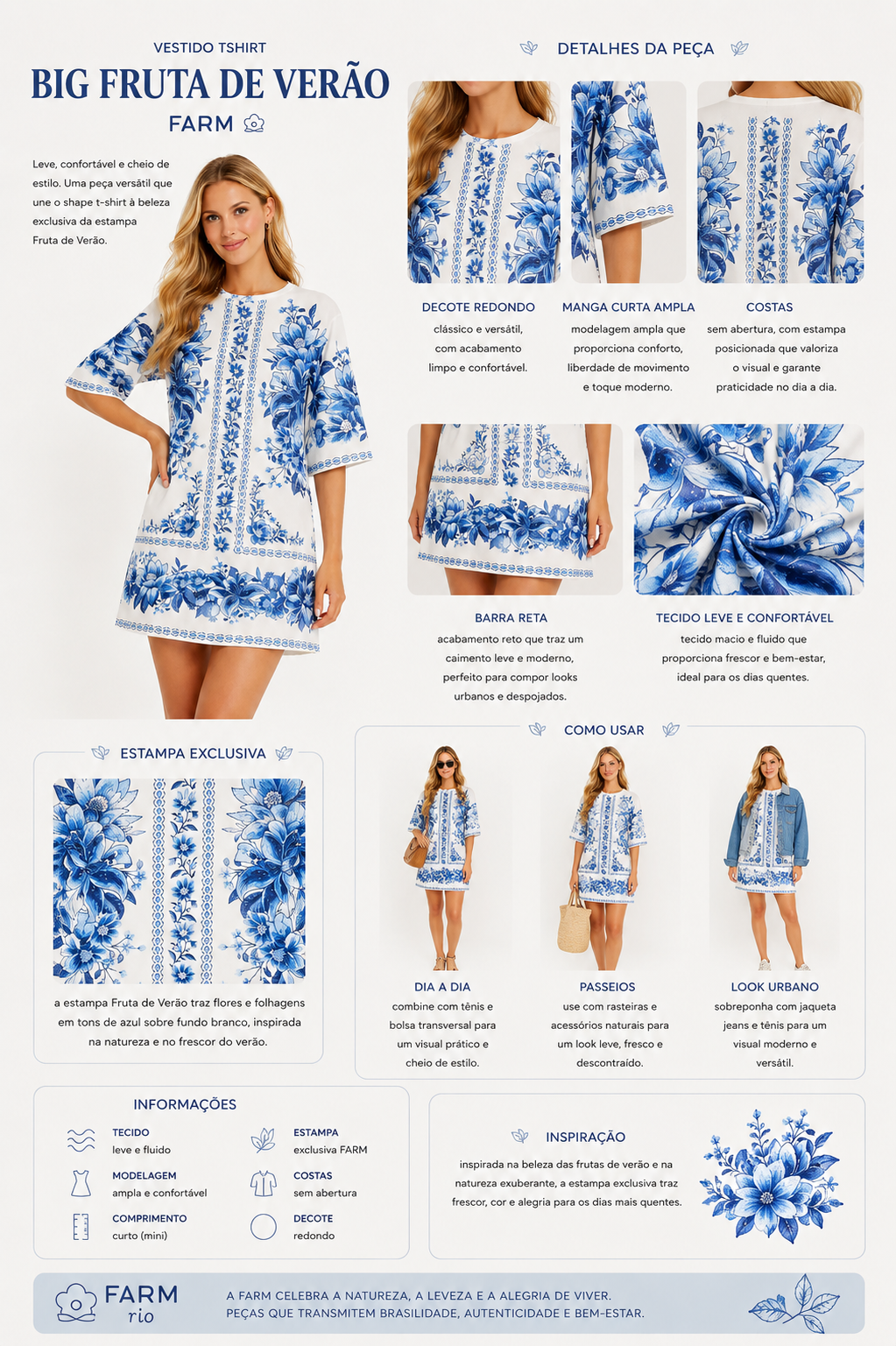VESTIDO TSHIRT BIG FRUTA DE VERAO FARM BRANCO/AZUL